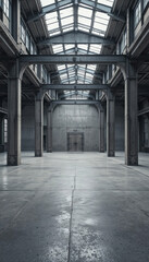 A large, empty room features high ceilings and tall windows allowing natural light to enter. The concrete floor is smooth, and there are minimal furnishings inside