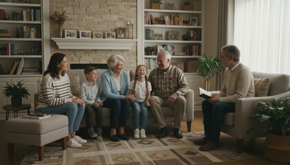 Happy family gathering in cozy living room with elderly and young members. Mother's Day