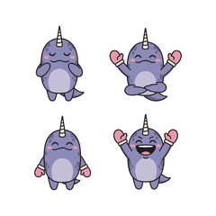 Cute cartoon narwhal in different poses and emotions with copy space © Mst Sahera