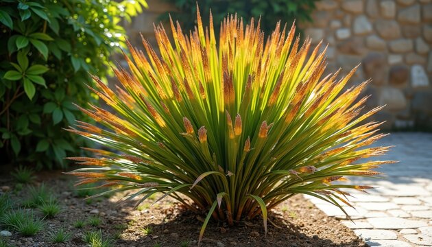 Cycas palm plant shows stressed dry brown leaf tips. Sago palm foliage suffers from sun scorch or dehydration. Tropical garden flora shows damage from hot weather.