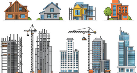 Illustration of different types of buildings and construction stages, from houses to skyscrapers © Rafika
