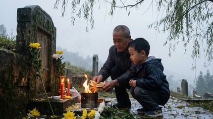 Elderly man and boy lighting candles at a grave in foggy cemetery  Qingming Festival