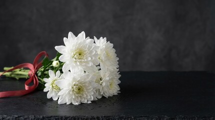 White flower bouquet with red ribbon on dark background  Qingming Festival