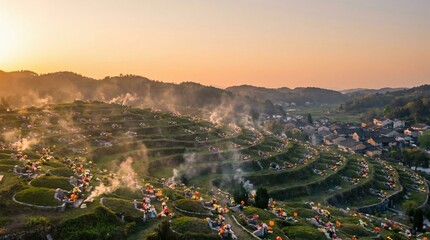 Scenic hillside village with smoke rising at sunset in autumn  Qingming Festival