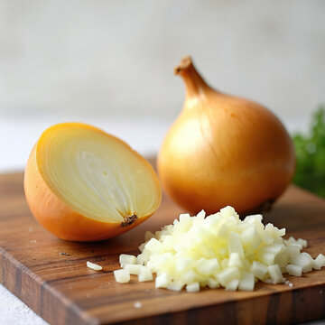 Whole yellow onion rests on wooden board with diced pieces and half cut onion showing layers. Fresh ingredient ready for cooking. Food preparation for meal.