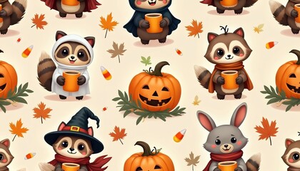 Cute animals in Halloween costumes holding cups. Raccoons and rabbit wear scarves and hats. Pumpkins and autumn leaves fill seamless pattern. Candy corn scattered around.