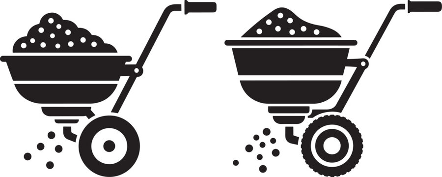 Two simple black icons of fertilizer spreaders or seeders filled with granular material, representing gardening and agriculture
