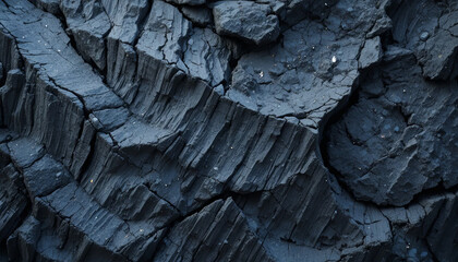 Rocks are shown close up with dark surfaces and clear cracks. The pattern of the rock highlights various textures. Natural light enhances the details
