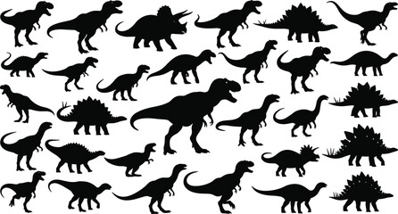 Dinosaur silhouette collection vector set, prehistoric animal black icons, T-Rex Triceratops Stegosaurus shapes, Jurassic wildlife illustration pack © Hey There