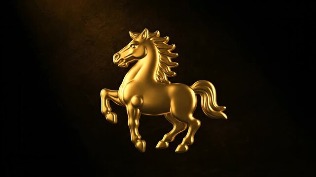 Golden Horse Statue Prancing on Black Background.