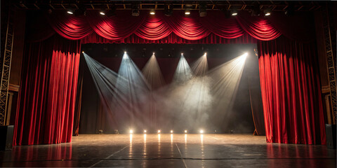 Red curtains frame a large empty stage. Multiple lights shine down from above, creating an atmosphere ready for a performance. Smoke fills the air as the stage awaits action