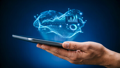 A human hand holding a futuristic tablet with a glowing holographic AI assistant and data dashboard.
