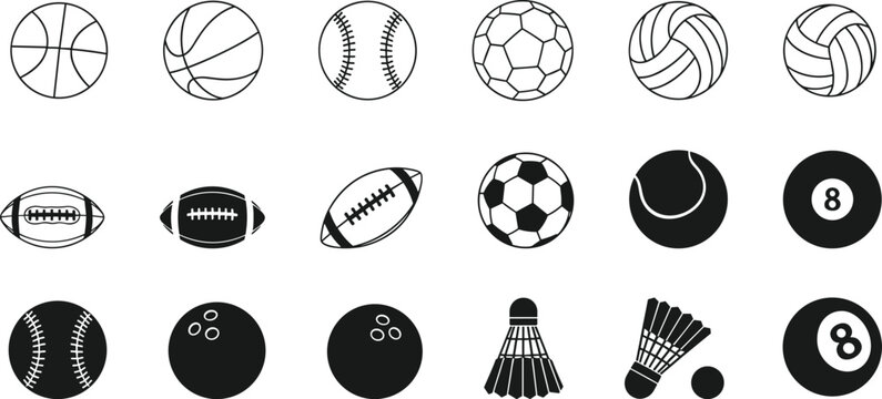 Collection of various sports equipment icons. Cartoon game ball silhouette flat style,  Vector isolated collection.