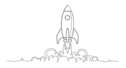 Minimalist Rocket Launching into Space, Single Line Art, Concept of Startup and Exploration