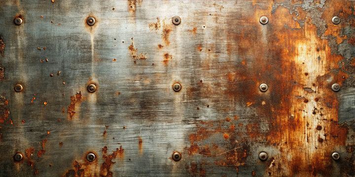 A close-up view shows a rusty metal surface with visible rivets. The surface has patches of rust and wear, indicating age and use. The texture and patterns are distinct and clear