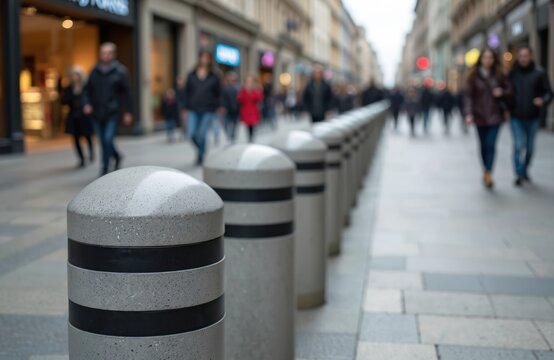 People stroll along a city sidewalk lined with concrete bollards. Shoppers walk past stores on a busy urban street. This scene captures daily commerce and pedestrian movement in a metropolitan area.