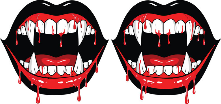 Scary Vampire Mouth Vector Illustration with Sharp Fangs and Dripping Red Blood for Halloween Horror Themes Gothic Graphic Designs and Spooky Party Decor