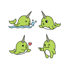 Cute cartoon narwhal characters with different emotions on white background © mdbayjid