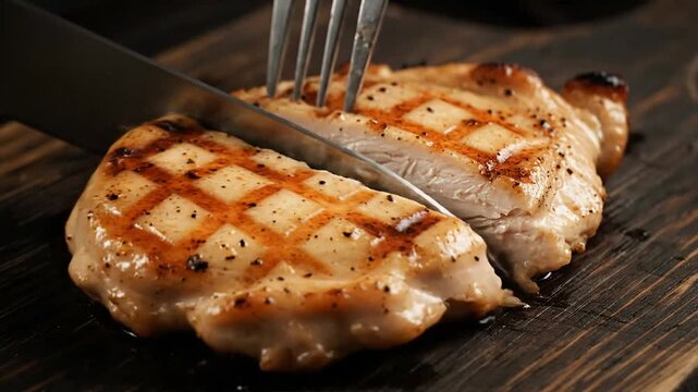 Grilled Chicken Breast Being Sliced with Knife.