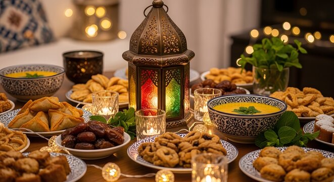 Photography of Muslim food dishes during Ramadan, decorated with lanterns and neatly arranged on a table. Very suitable for advertising backgrounds or banners.