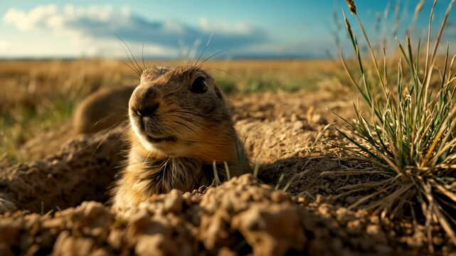 A curious prairie dog peeks out from its burrow in the golden morning light of the vast grassy plains.