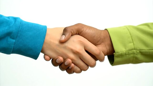 Hands shake closeup on white background representing teamwork and cooperation