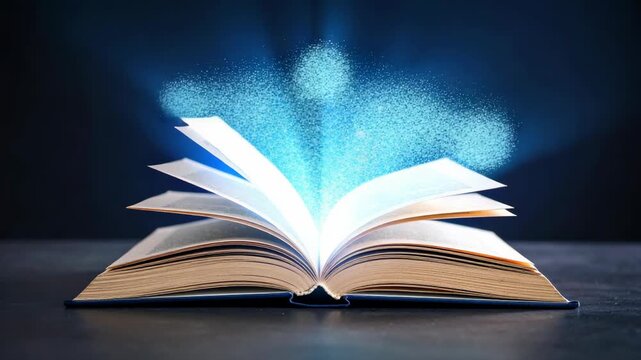 An open book emits glowing blue light and particles upwards into a dark background