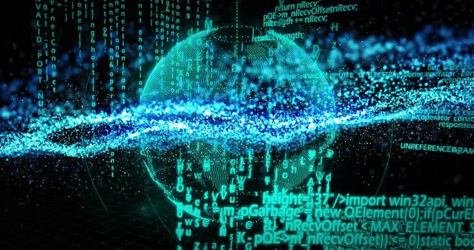 Particle band starting sweep across teal globe rotating as code lines scrolling, showing data flow