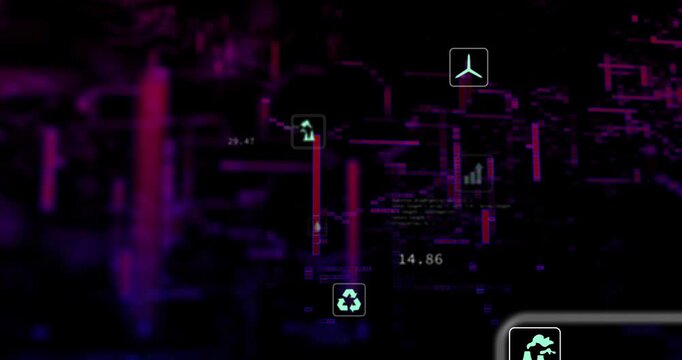 Red bars rising, activating neon cluster, icons floating and shifting, visualizing emissions data