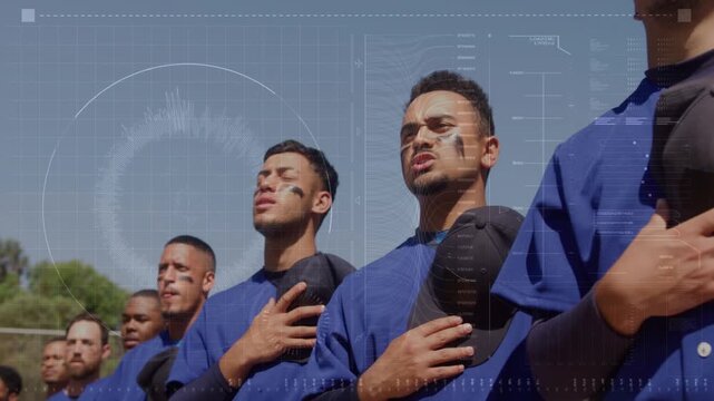 Male baseball players standing for anthem, HUD highlighting caps, faces while camera shifting right