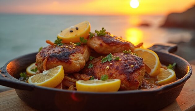 Yassa poulet served with caramelized onions and lemon slices on a plate at sunset. Savory chicken dish garnished with parsley and spices near the ocean.