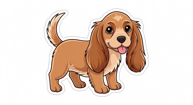 An adorably rendered cartoon puppy with lustrous brown fur, prominent expressive eyes, and wonderfully long, floppy ears stands cheerfully, its small pink tongue charmingly peeking out, exuding an utt
