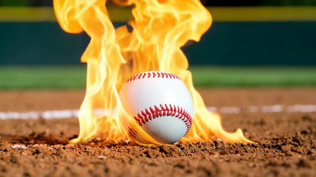 Baseball engulfed in flames on dirt infield against green outfield background