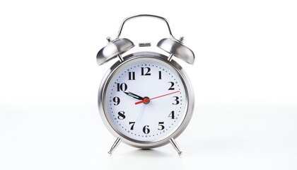 Classic silver metal alarm clock stands centered on white background, evoking timeless design, morning routines, punctuality, and retro home decor.