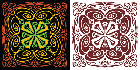 A vibrant bandana vector graphic illustration of two intricate floral designs with swirling patterns © Ground
