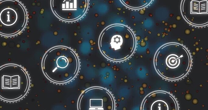 Expanding dashed rings revealing white icons forming dense hex grid, camera zooming to show data