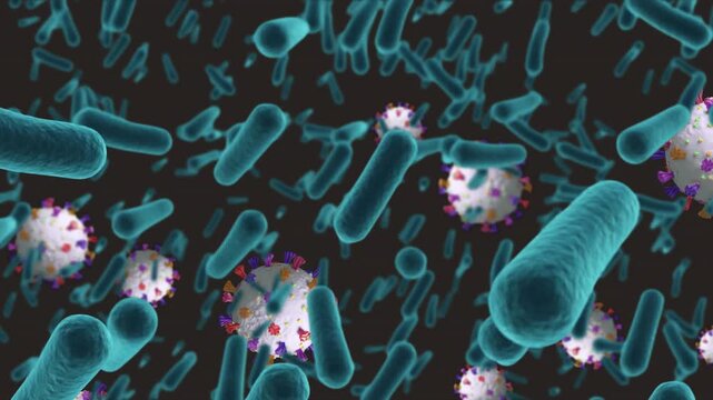 White spiky spheres emerging lower-right, mixing into cyan rods and forming particle field