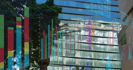 Naklejka premium Showing reflective glass facade displaying colorful data overlays at office district, left tree