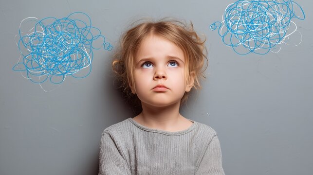 Child with thoughtful gaze and scribble thought clouds representing cognitive process and emotional regulation, main object, child, concept, kid psychology and thinking process.