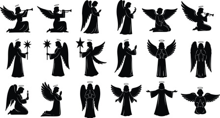 Black silhouette vector set of heavenly angels in various poses including praying kneeling and playing trumpets isolated on a white background for religious decor. © Itz  Parvin