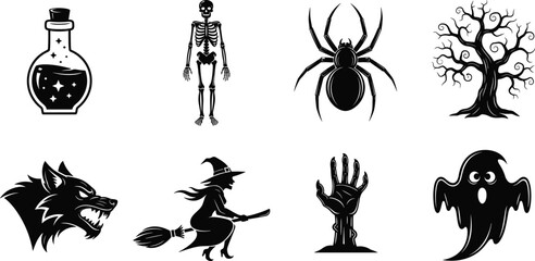 Black silhouette vector set of horror Halloween icons including a skeleton witch on broomstick werewolf spider ghost and magic potion on white background. © Itz  Parvin