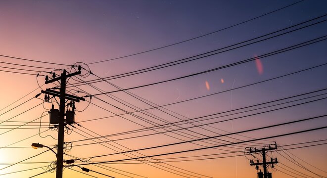 Silhouette of power lines and utility poles against a vibrant sunset sky.