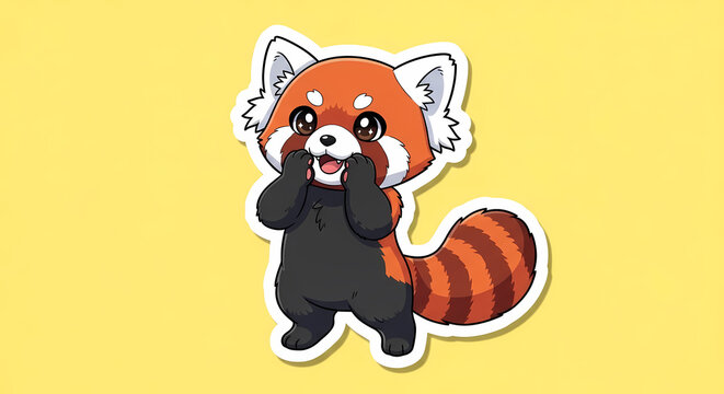 Adorable cartoon red panda sticker character expressing surprise or excitement with paws near its mouth against a bright yellow background for digital use