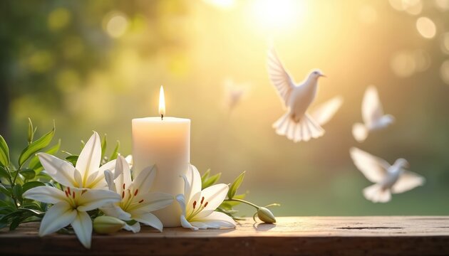 Burning white candle with white lilies. Doves fly in warm soft sunset light. Peaceful scene for remembrance and sympathy. Serenity, hope, and tribute.