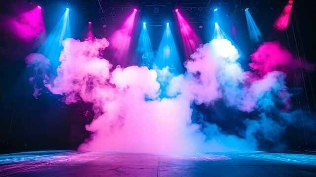 Stage illuminated with blue and pink spotlights and fog machine effects
