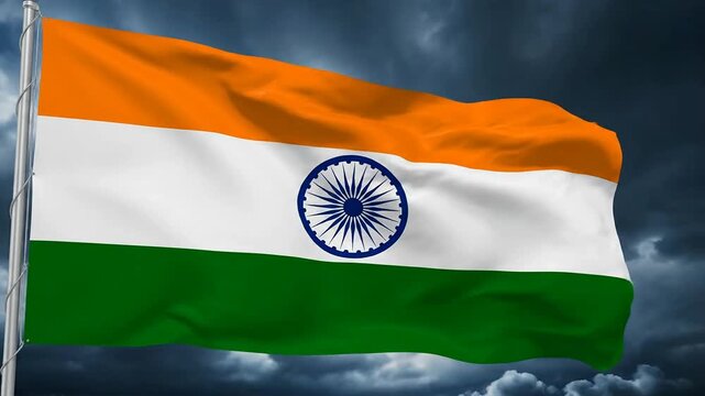 Indian Flag Waving in Cloudy Sky.