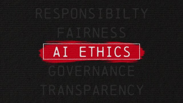 AI ethics crisis scrolling text sequence with documentary style title animation for news topic and trend
