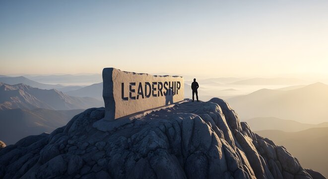 Lone figure stands on a mountain peak beside a stone monument engraved with 'Leadership' at sunrise, signifying achievement and vision.