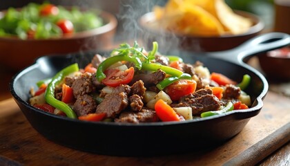Fototapeta premium Hot sizzling fajitas cook in black cast iron pan. Beef strips mix with green peppers tomatoes onions, fresh cilantro garnish. Dinner meal served with salsa chips.