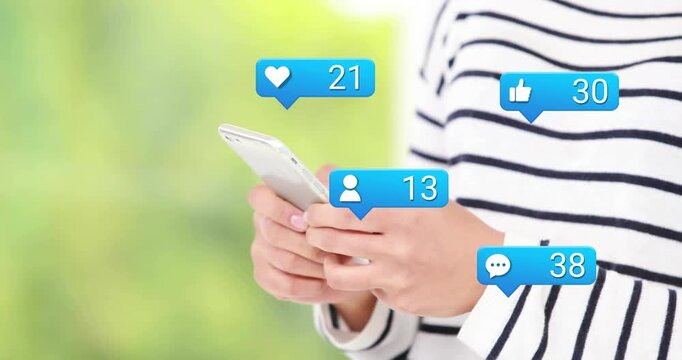 Woman tapping phone and sparking blue bubbles with rising counts, showing social media growth